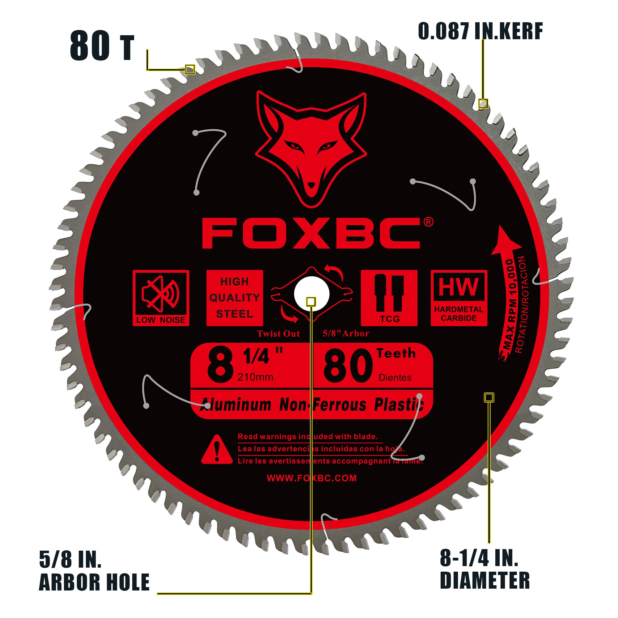 FOXBC 8-1/4 Inch Table Saw Blade 80-Tooth for Aluminum Copper Plastic Brass Fiberglass Cutting with 5/8-Inch Arbor