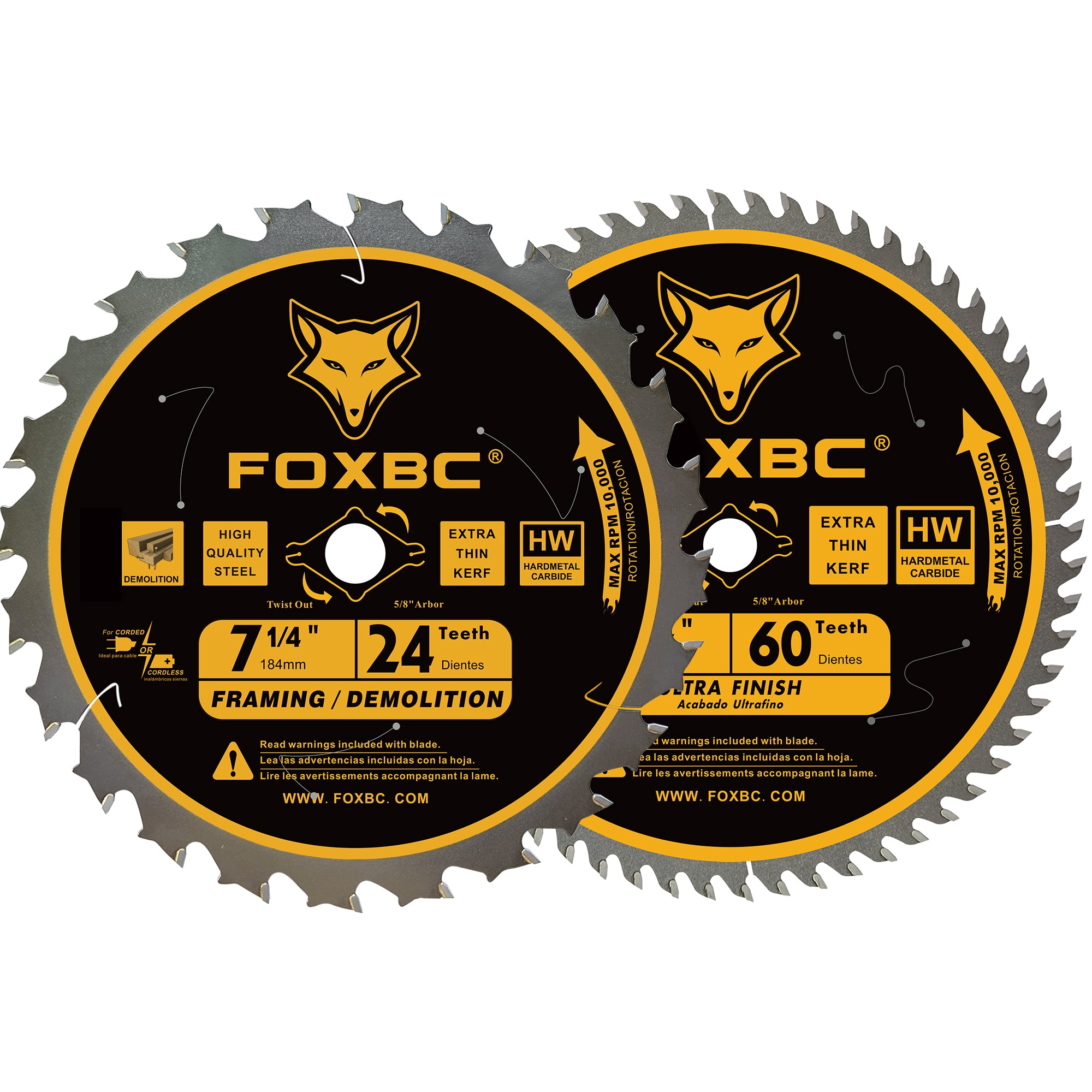 FOXBC 7-1/4 inch Circular Saw Blade 24T 60 Tooth ATB Wood Cutting with 5/8" Arbor, Diamond Knockout