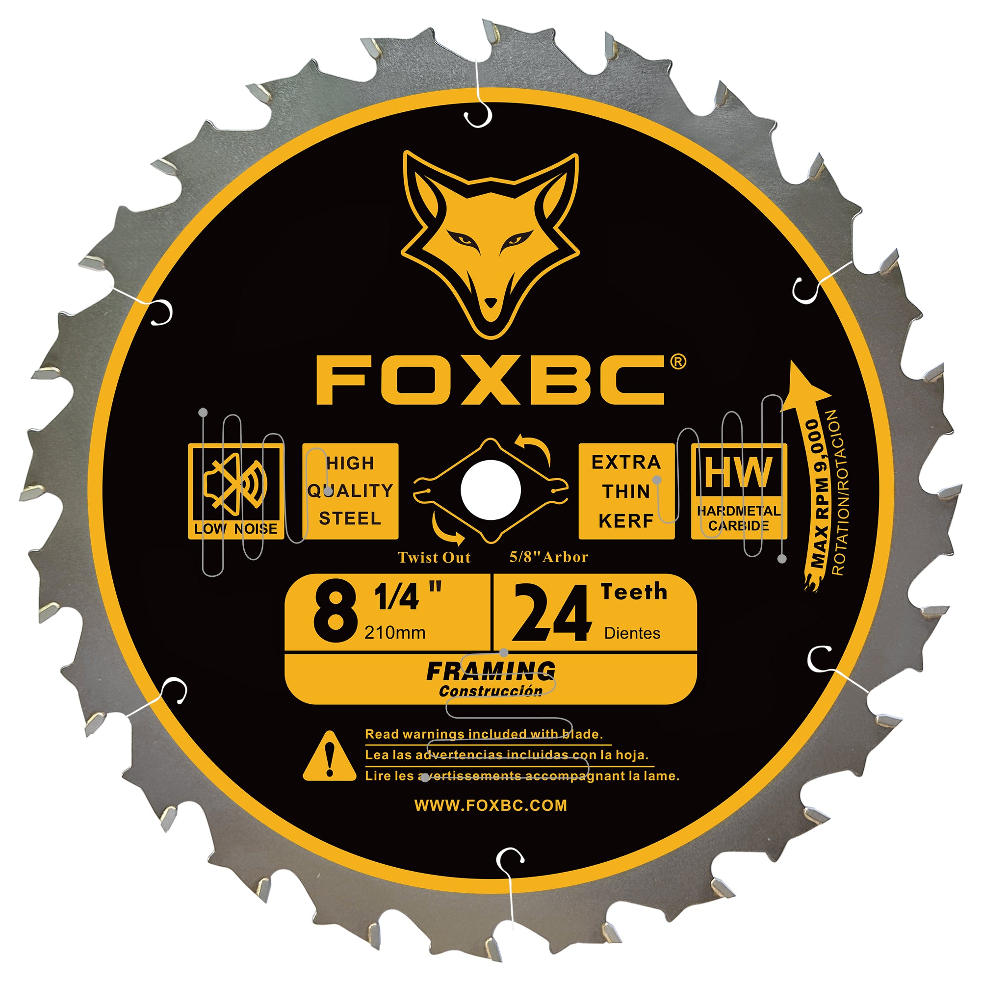 FOXBC 8-1/4 Inch Table Saw Blade 24 Tooth, 60 Tooth Wood Cutting with 5/8" Arbor, Diamond Knockout