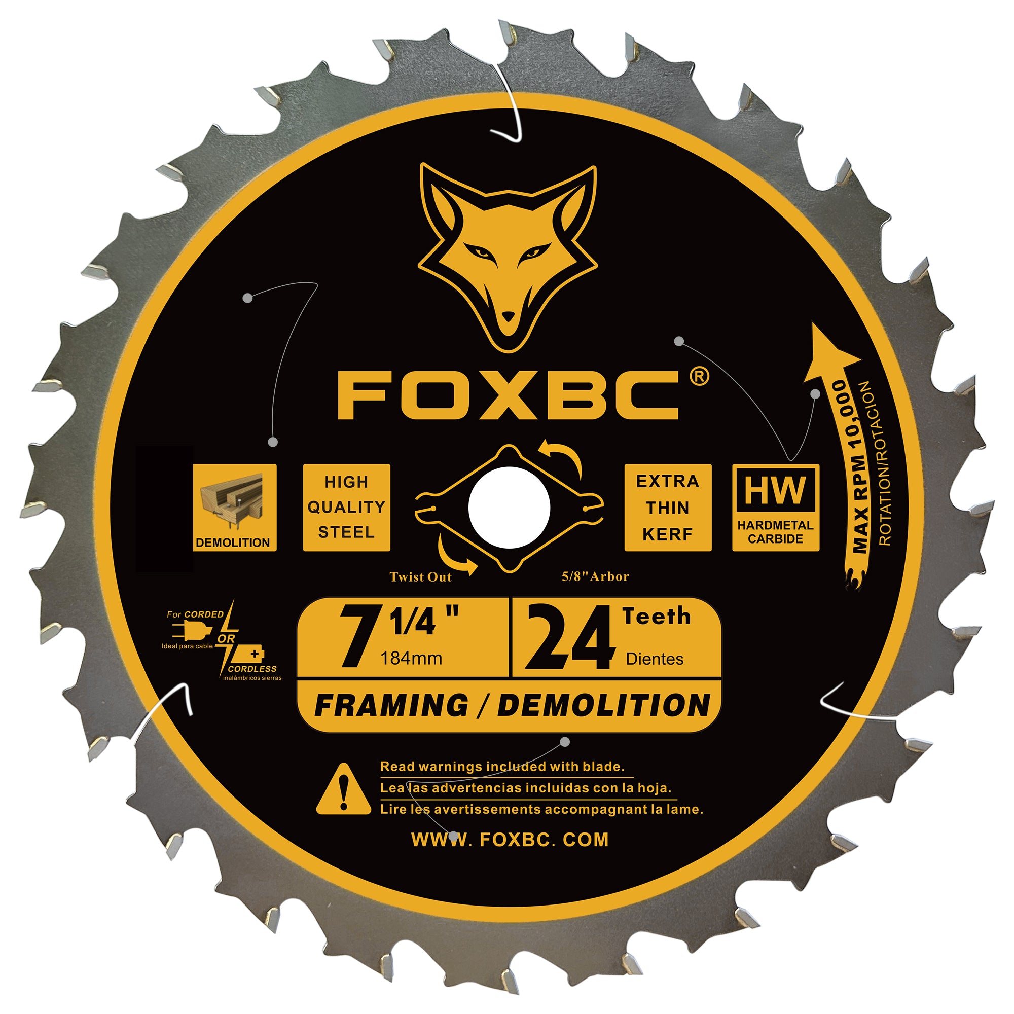 FOXBC 7-1/4 inch Circular Saw Blade 24T 60 Tooth ATB Wood Cutting with 5/8" Arbor, Diamond Knockout