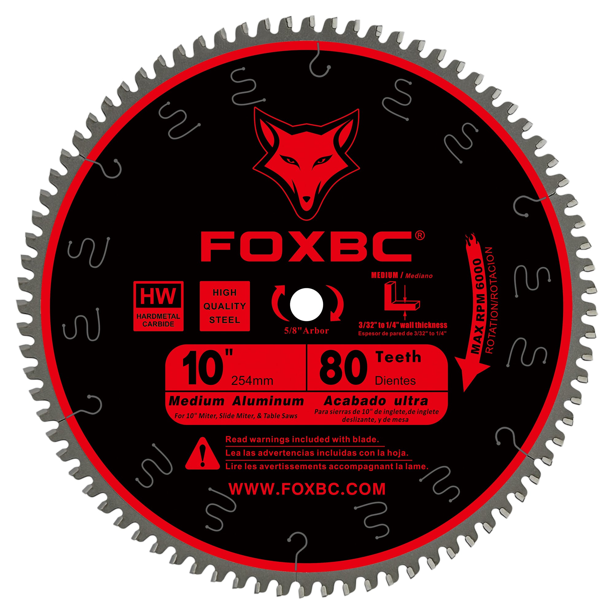FOXBC 10-Inch Miter/Table Saw Blade 80-Tooth TCG for Aluminum and Non-Ferrous Metal & Plastic Cutting with 5/8-Inch Arbor