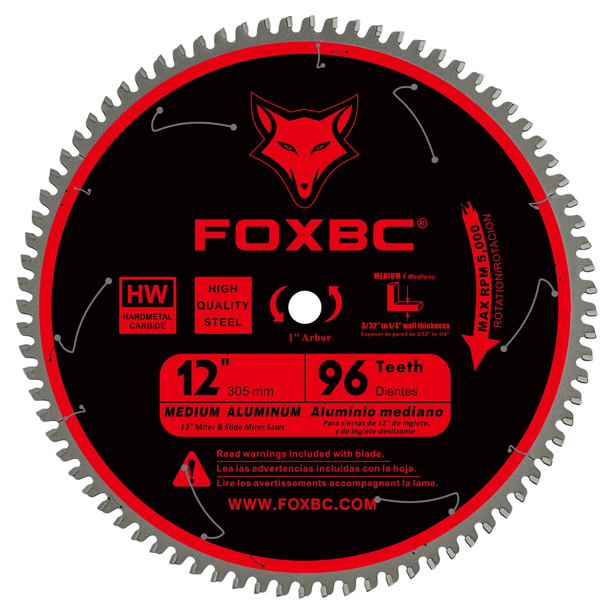 FOXBC 12 Inch Miter Aluminum Saw Blade 96-Tooth TCG for Non-Ferrous Metal & Plastic Cutting with 1-Inch Arbor