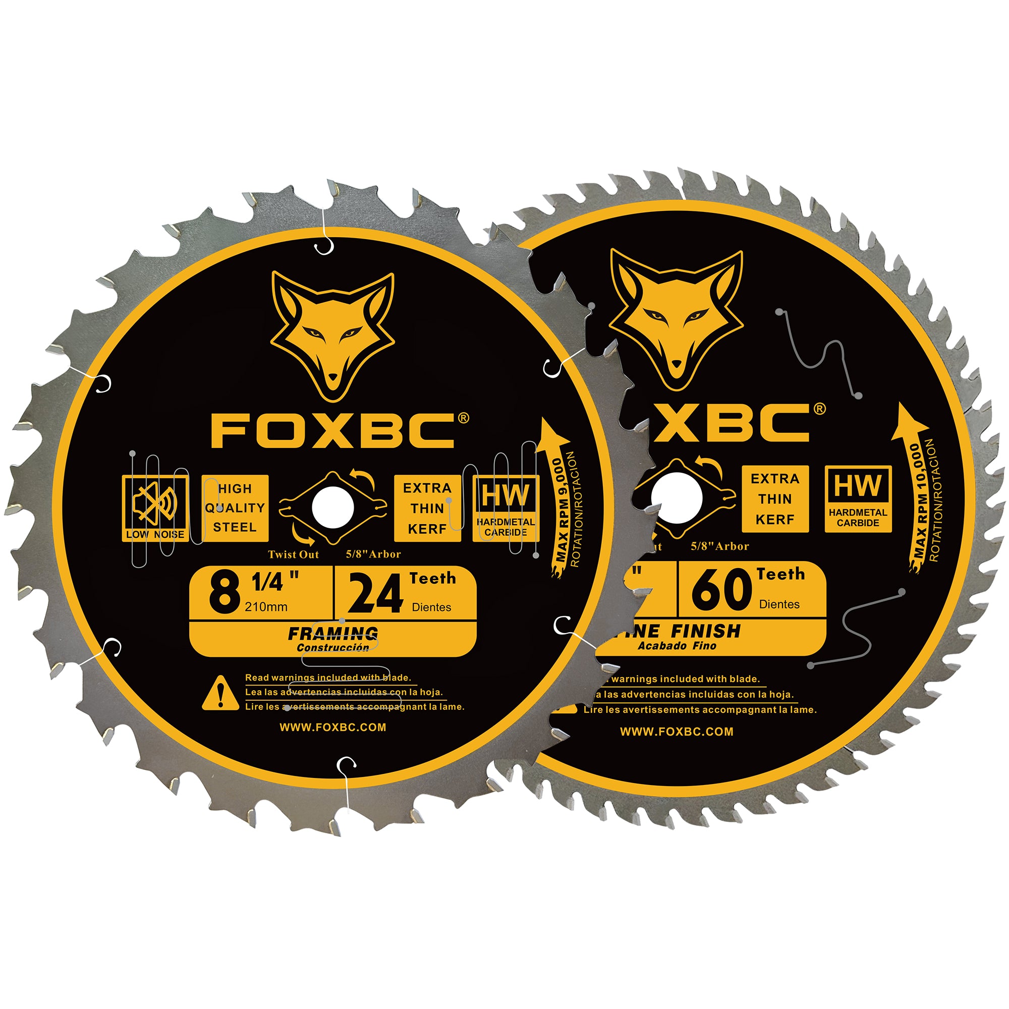 FOXBC 8-1/4 Inch Table Saw Blade 24 Tooth, 60 Tooth Wood Cutting with 5/8" Arbor, Diamond Knockout