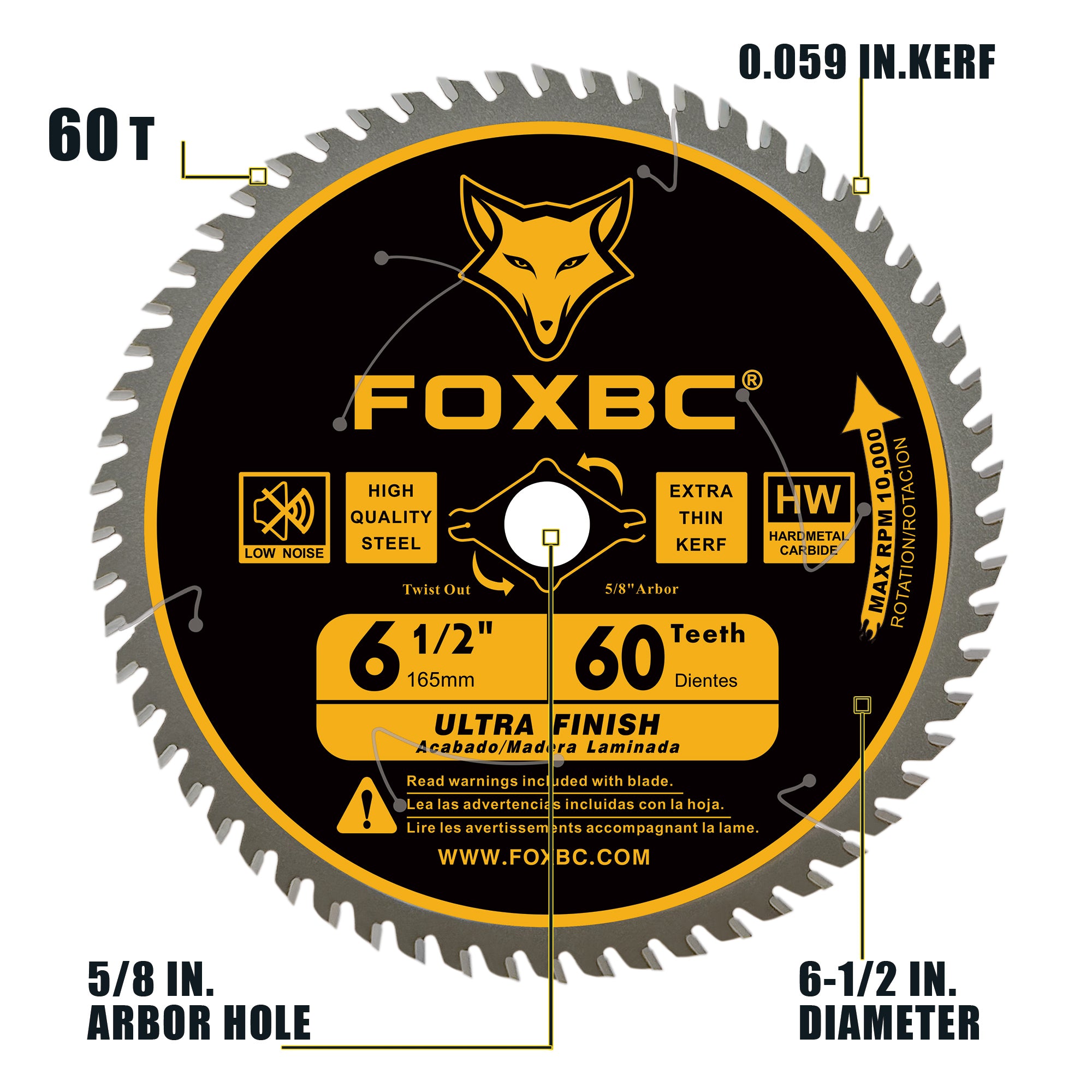 FOXBC 6-1/2 inch Circular Saw Blade Ultra Fine Finish 60-Tooth for Wood Cutting, Thin-Kerf with 5/8" Arbor