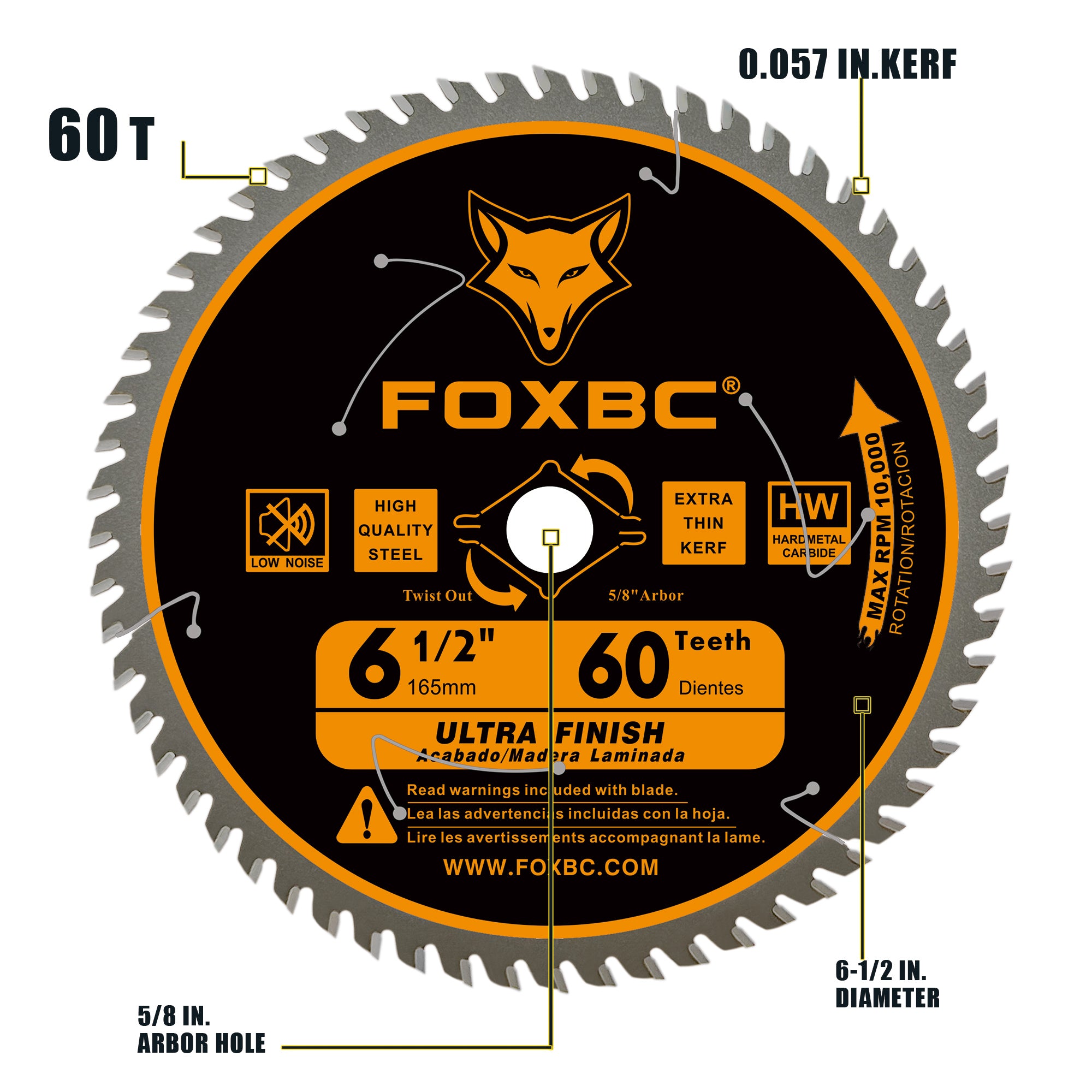 FOXBC 6-1/2 inch Circular Saw Blade Ultra Fine Finish 60-Tooth for Wood Cutting, Thin-Kerf with 5/8" Arbor