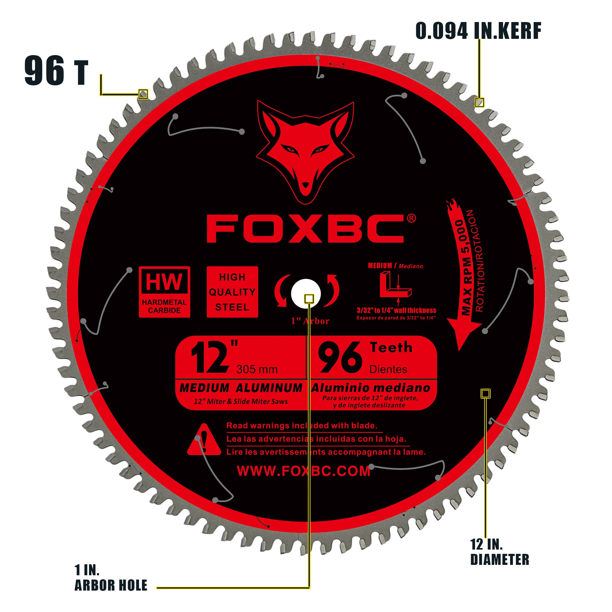 FOXBC 12 Inch Miter Aluminum Saw Blade 96-Tooth TCG for Non-Ferrous Metal & Plastic Cutting with 1-Inch Arbor