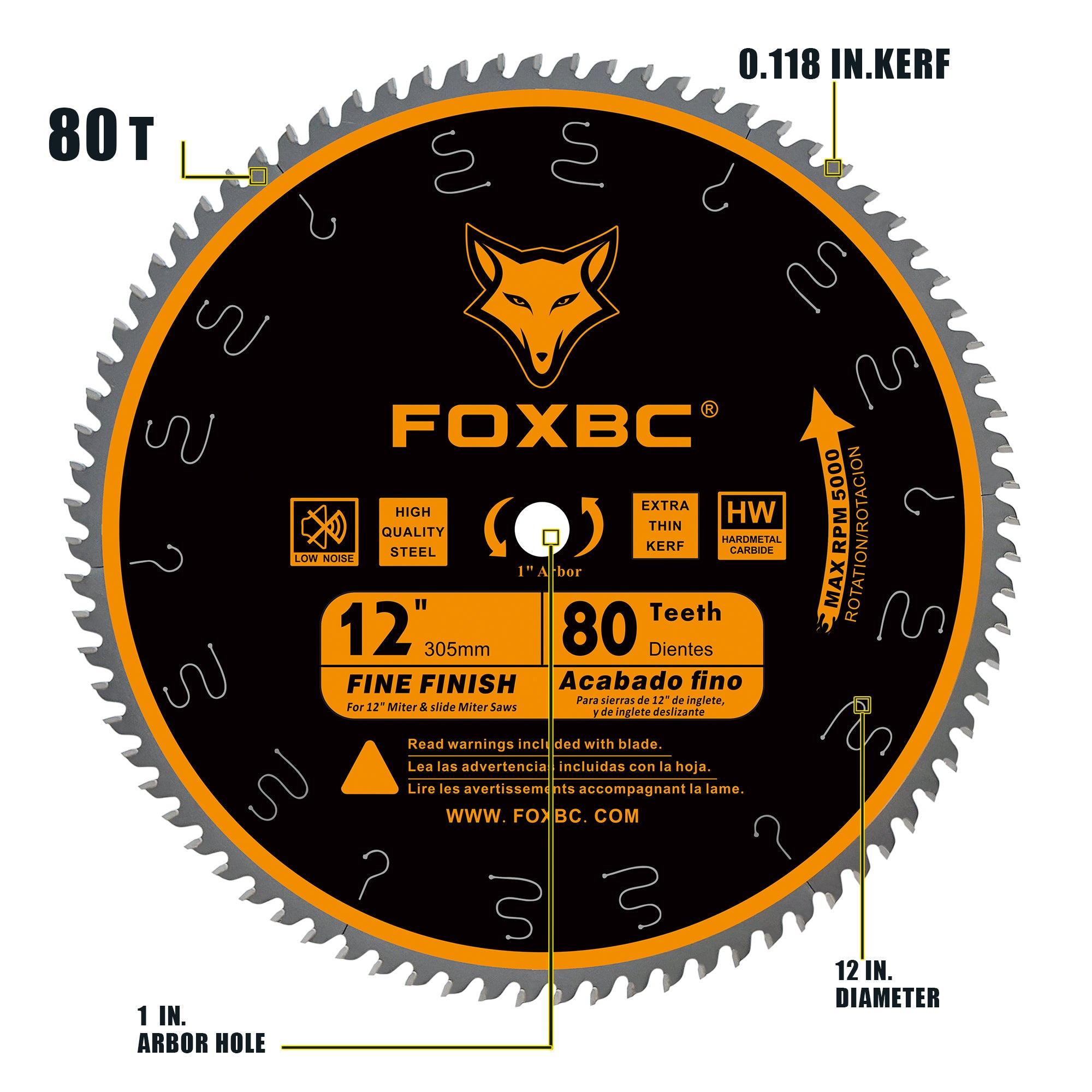 FOXBC 12-Inch Miter Saw Blade 80-Tooth, Crosscutting, Tungsten Carbide