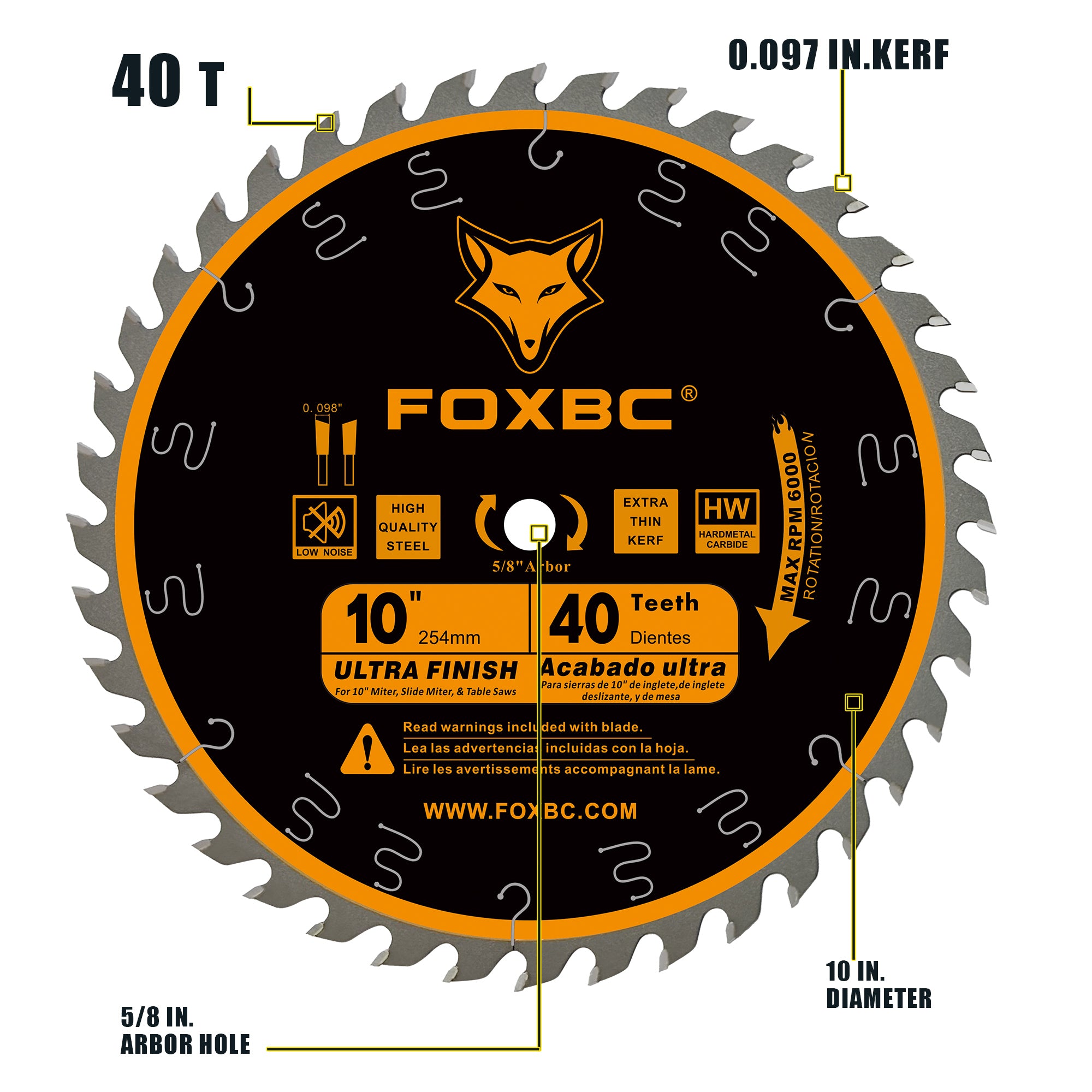 FOXBC 10-Inch Table Saw Blade, 40-Tooth, Ultimate General Purpose Saw Blade Wood Cutting, 5/8-Inch Arbor