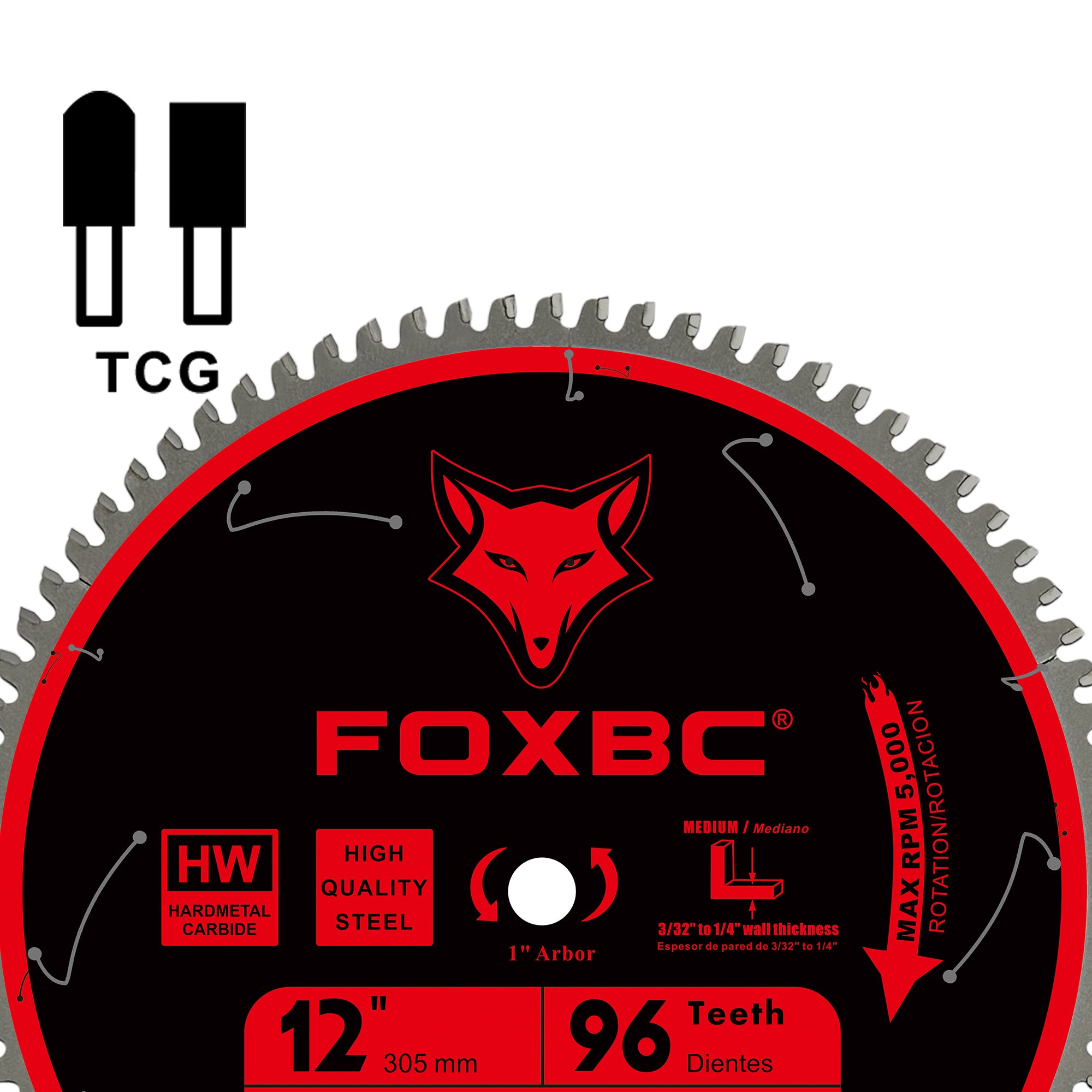 FOXBC 12 Inch Miter Aluminum Saw Blade 96-Tooth TCG for Non-Ferrous Metal & Plastic Cutting with 1-Inch Arbor