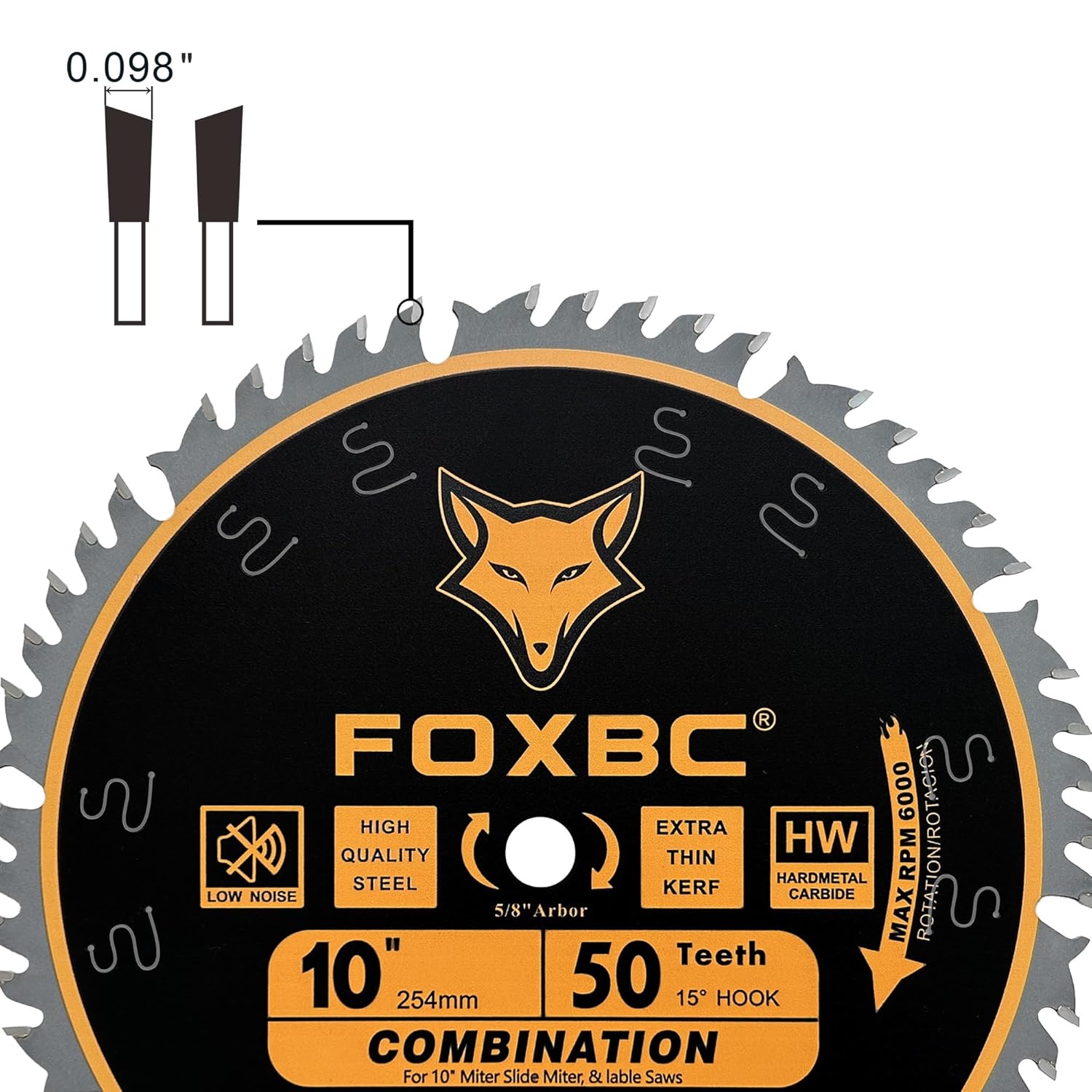 FOXBC 10-Inch Combination Saw Blade, 50-Tooth, Wood Cutting, 5/8-Inch Arbor